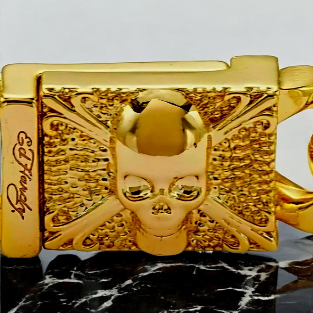 NWT Ed Hardy Men's Gold Ion-Plated Stainless Steel Skull Link Bracelet 8.5" Y2K - Picture 2 of 5